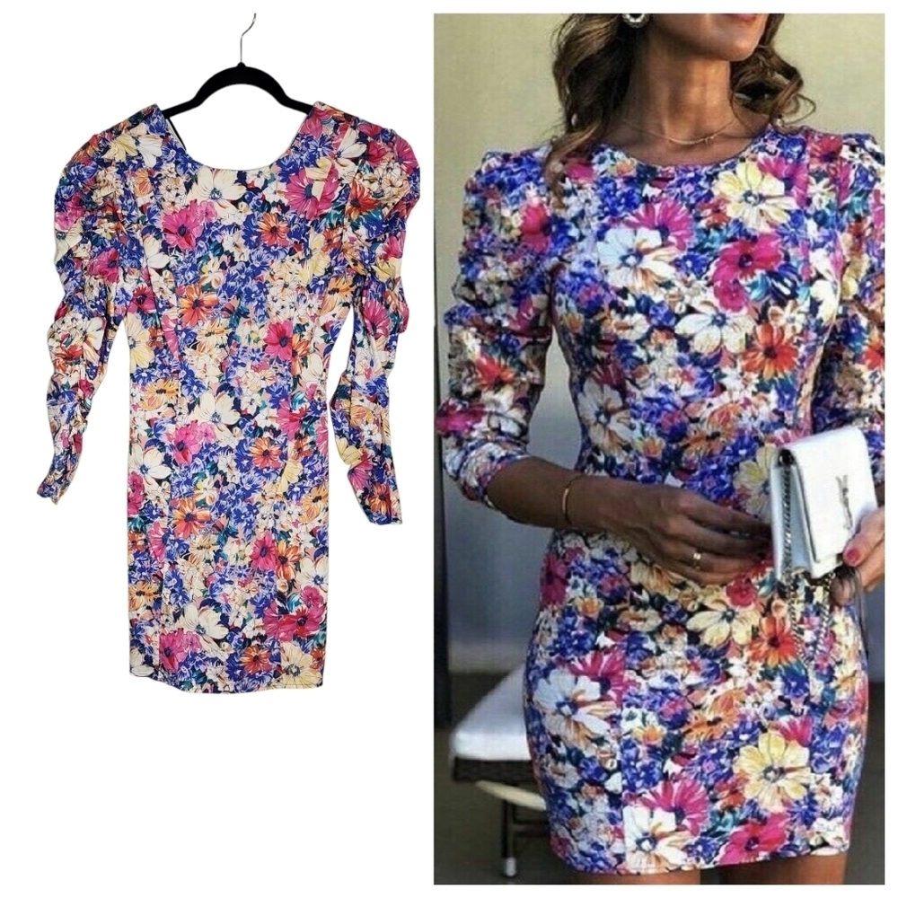 Zara Frida floral puff long sleeve‎ mini dress.  Women's size XS.